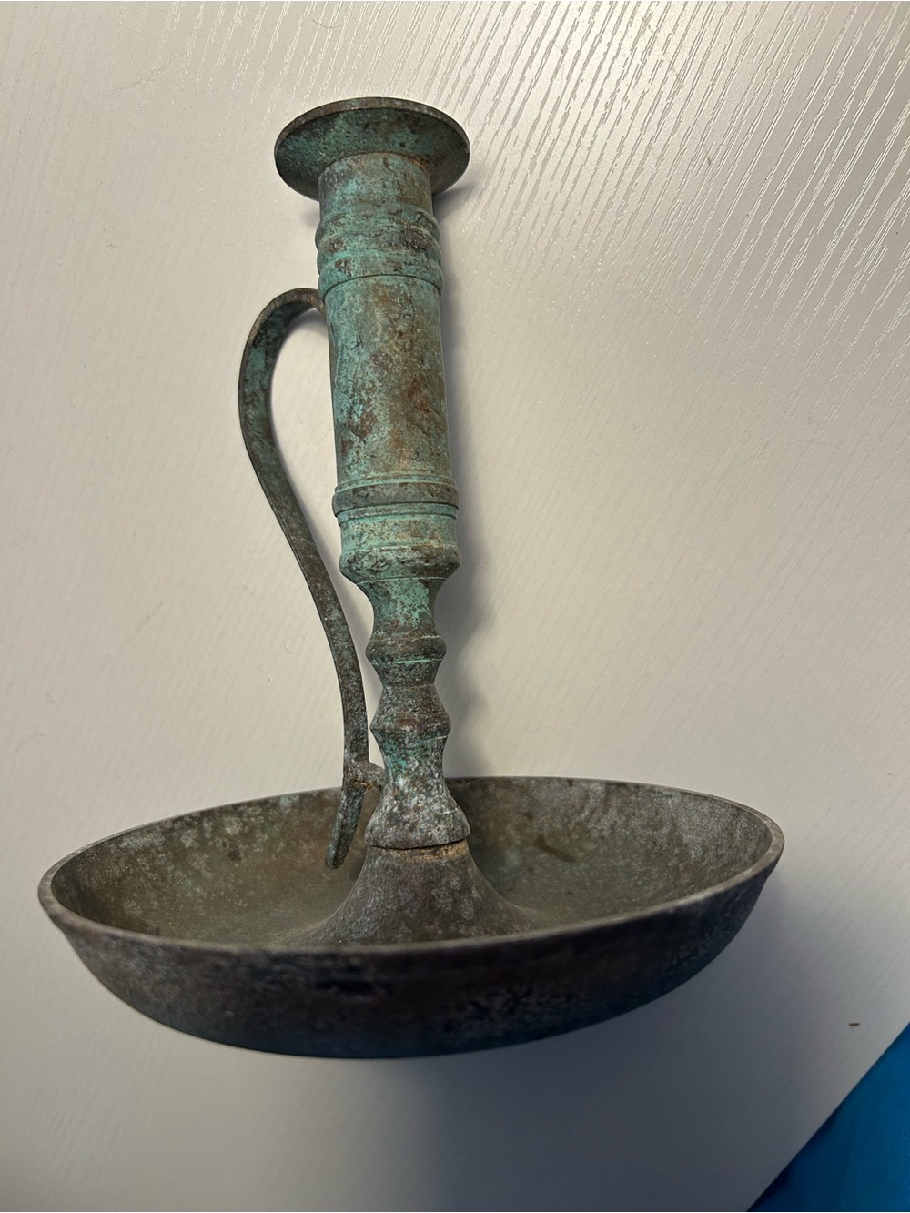 Antique-Style Verdigris Metal Chamberstick Candle Holder